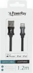 PowerRay PR-DCUL120TBK USB-A į Lightning MFi sertifikuotas pintas nailono duomenų ir įkrovimo kabelis, 1,2 m, juodas