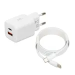 USB įkroviklis IBOX ILUC42W 42W (33W maks.), 1&times;USB-C PD3.0, 1&times;USB-A QC3.0, 100&ndash;240V, baltas
