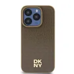 DKNY DKHMP14SPSHRPSW kietasis dėklas, skirtas iPhone 14/15/13, rudos odos ra&scaron;tas su metaliniu logotipu, MagSafe