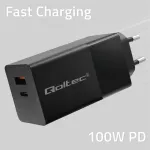 Qoltec 52382 GaN POWER PRO įkroviklis | 1x USB Type-C | 1x USB-A | 100W | 5-20V | 1.5-5A | PD | Juodas