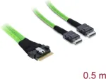 Vidinis PCIe 4.0 kabelis DELOCK Slim SAS SFF-8654 8i į 2&times; OCuLink SFF-8611 4i 0,5 m