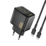 Dudao A28PCEU 45W GaN sieninis įkroviklis su 2x USB-C ir 1 m USB-C laidu &ndash; juoda
