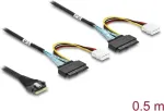 DELOCK PCIe 4.0 plonas SAS kabelis SFF-8654 8i į 2&times; U.2 SFF-8639 lizdus su maitinimo jungtimi 0,5 m