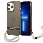 Guess GUHCP13LHTSGSK Per&scaron;viečiamas kietas dėklas su rankos dirželiu, skirtas Apple iPhone 13 Pro / iPhone 13, juodas