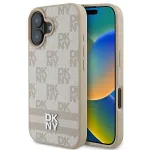 DKNY DKHCP16SPCPTSSP Kietasis dėklas, skirtas Apple iPhone 16 6,1 colio, rožinis languotas ra&scaron;tas ir spausdintos juostelės