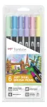 Tombow ABT-6P-2 Dual Brush Pen Set &ndash; 6 spalvų, dvispalvis ra&scaron;iklis su &scaron;epetėlio ir smulkiu antgaliu