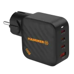 HAMMER RapidCharge 100W GaN sieninis įkroviklis, 2x USB-C PD 100W + 1x USB-A QC 30W, juodas