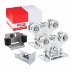 PSG 60.00P.80.19 konsolinio vartų vežimėlių rinkinys 80x80x5 mm bėgiui, 400 kg apkrovai, 2 vežimėliai su 5 plieniniais ritinėliais kiekviename, cinkuotas plienas