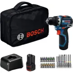 Bosch Professional GSR 12V-32 belaidis gręžtuvas-suktuvas, 12V, mėlynas/juodas, 2x 2.0Ah Li-Ion akumuliatoriai, 24 dalių priedų rinkinys, įrankių krep&scaron;ys
