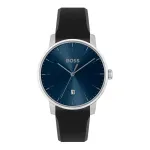 BOSS vyri&scaron;kas laikrodis 1514131 40 mm kvarcinis chronografas, nerūdijančio plieno korpusas, juodas odinis dirželis