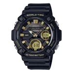 Casio AEQ-120W-9A vyri&scaron;kas analoginis-skaitmeninis laikrodis, 53,3 mm, juodos dervos korpusas, juodos dervos apyrankė, aukso spalvos akcentai
