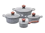 PROMIS granito puodų rinkinys, 16 cm kastrulis ir 20, 24, 28 cm puodai, rudi kotai