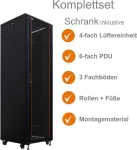 IT-BUDGET 19 inch tinklo spintos SRK komplektas 42U 600x600mm su stiklo/plieno durelėmis, 4 ventiliatoriais, PDU, lentynomis, surinkta juoda 99ITB19SRK4266GSM