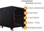 IT-BUDGET 19 inch serverio spintos SRK komplektas - 12U - 600x1000 mm - stiklinės/plieninės durelės - 4 aktyvūs ventiliatoriai - PDU - lentynos - i&scaron;ardomas - juodas 90ITB19SRK12610GS