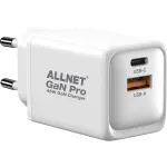 Maitinimo adapteris ALLNET PSU-GaNPD-USB-1A1C-45W USB-C PD ir USB-A QC 45W GaN įkroviklis