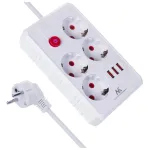 Maitinimo blokas MACLEAN MCE392 W &mdash; 4 F lizdai, 3&times;USB A, 110&ndash;240V, 2,1A, 2500W, 1,5 m laidas, baltas