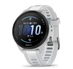 I&scaron;manusis laikrodis GARMIN Forerunner 165 &mdash; GPS, AMOLED 1,2 colio, 4 GB, 5 ATM, 11 dienų baterija, pilkas korpusas, baltas dirželis