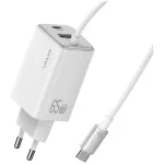 USAMS JC Series CC266 65W GaN Fast Charger 2xUSB-C 1xUSB-A su integruotu USB-C laidu 1,5 m baltas