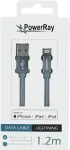 PowerRay USB į Lightning MFi pintas kabelis 1,2 m, tekstilinis pilkas PR-DCUL120TGY
