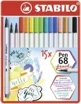 STABILO Pen 68 Brush 15 spalvų rinkinys &ndash; asorti &ndash; vandens pagrindo ra&scaron;alas &ndash; Vokietija &ndash; suaugusiems ir vaikams