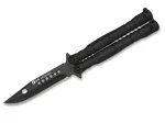 Balisong drugelio peilis K25 02131 juodas, 440 nerūdijančio plieno clip point a&scaron;menys, aliuminio rankena