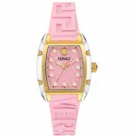 Versace VE8K00224 moteri&scaron;kas kvarcinis laikrodis, 45 mm, pilko nerūdijančio plieno korpusas, rožinis ciferblatas, rožinė silikoninė apyrankė