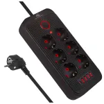 Maitinimo blokas MACLEAN MCE389 B &mdash; 6 lizdai, 4&times;USB-A + 1&times;USB-C, 110&ndash;240V, 2.1A, 2500W, 1.5 m laidas, juodas
