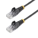 StarTech.com 25 cm juodas plonas CAT6 Ethernet kabelis, be užkabinimų, 100W PoE, UTP, LSZH, 28AWG gryna varinė viela, plonas RJ45 tinklo jungiamasis laidas su įtempimo mažinimo elementais, individualiai i&scaron;bandytas