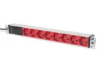 DIGITUS 1U aliumininis PDU, montuojamas stove, 10A ki&scaron;tukas, 250VAC 50/60Hz, 8x raudonas CEE 7/7 lizdas su atskirais saugikliais, IEC C14 jungtis