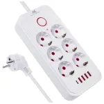 Maitinimo blokas MACLEAN MCE389 W &mdash; 6 ki&scaron;tukinių lizdų, 4&times;USB-A, 1&times;USB-C, 2500 W, 110&ndash;240 V, 1,5 m laidas, baltas