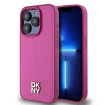 DKNY DKHMP15LPSHRPSP iPhone 15 Pro 6,1 inch Rožinis odinis kietas dėklas su monogramos ra&scaron;tu ir metaliniu logotipu, suderinamas su MagSafe