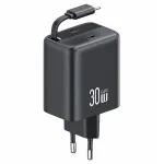 USAMS YC Series CC241TC01 30W GaN USB-C sieninis įkroviklis su įtraukiamu USB-C laidu, PD+QC greitasis įkrovimas, juodas