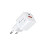 Equip 2 prievadų USB-C PD3.0/USB-A GaN sieninis įkroviklis 20W, baltas, 25 vnt. pakuotė