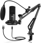 FIFINE T669 USB mikrofonų rinkinys su strypine ranka, amortizatoriumi, pop filtru, vėjo gaubtu, stalo spaustuku ir 2,5 m kabeliu