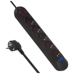 Maitinimo blokas MACLEAN MCE395 B &ndash; 5 lizdai, 3&times;USB, 110&ndash;240V AC, 2.1A USB, 2500W, 1,5 m laidas, juodas