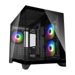 Mini Tower PC korpusas Cougar FV150 ARGB &mdash; juodas, palaiko 2x120/140 mm &scaron;oninius ventiliatorius, 1x120 mm galinį, HDD 2,5 colio/3,5 colio, 285&times;435&times;365 mm