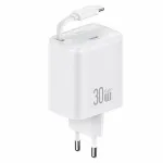 USAMS YC Series CC241TC02 30W GaN USB-C sieninis įkroviklis su įtraukiamu USB-C kabeliu, PD+QC greitasis įkrovimas, baltas