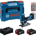 BOSCH PowerTools akumuliatorinis siaurapjūklis su 2 akumuliatoriais 5.0 Ah, greituoju įkrovikliu ir siaurapjūklio geležčių rinkiniu L-BOXX dėžėje (supakuota)