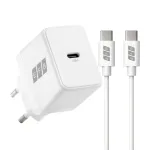 EFB Elektronik G201CE 20W USB-C GaN sieninis įkroviklis su 2 m USB-C kabeliu, PD3.0 ir QC3.0, baltas