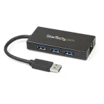 StarTech.com ST3300GU3B 3 prievadų ne&scaron;iojamas USB 3.2 Gen 1 &scaron;akotuvas su Gigabit Ethernet ir įmontuotu kabeliu &ndash; aliuminis