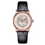 MIDO Baroncelli III Lady automatinis laikrodis 33mm rausvo aukso PVD baltas perlamutro ciferblatas deimantų žymekliai balta odinė apyrankė