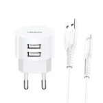 usams Charger T20 2x USB 2,1A su Lightning laidu &ndash; ne&scaron;iojamas sieninis USB įkroviklis