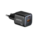 Sieninis įkroviklis Unitek P1128ABK01-EU &mdash; 2 prievadai GaN USB-C ir USB-A, bendra galia 20W, juodas