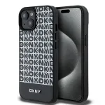 DKNY DKHMP15SPSOSPK Kietas dėklas, skirtas Apple iPhone 15 / 14 / 13 6,1 colio, juoda oda, spausdintas ra&scaron;tas, metalinis logotipas, MagSafe