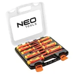 NEO TOOLS 04-142 1000V izoliuotų atsuktuvų rinkinys, 9 vnt., VDE sertifikuotas, plok&scaron;ti, Phillips, Pozidriv, įtampos testeris, ergonomi&scaron;kos dviejų komponentų rankenos