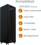 IT-BUDGET 19 inch tinklo spintos SRK komplektas 38U 600x800mm stiklo/plieno durelės, 4 aktyvūs ventiliatoriai, PDU, lentynos, i&scaron;ardytas, juodas 90ITB19SRK3868GS