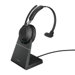 Jabra Evolve2 65 USB-A UC Mono su įkrovimo stovu - juoda, belaidė, skirta biurui / skambučių centrui, 20 - 20000 Hz, 99.2 g, ausinė, juoda