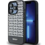 DKNY DKHMP15LPSOSPK Kietas dėklas, skirtas Apple iPhone 15 Pro 6,1 inch, oda, ra&scaron;tuotas ra&scaron;tas, metalinis logotipas, MagSafe, juodas