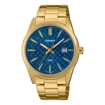 Casio MTPVD03G2AUDF vyri&scaron;kas analoginis kvarcinis laikrodis, 45 mm nerūdijančio plieno korpusas, mėlynas ciferblatas, aukso spalvos apyrankė, 50 m atsparumas vandeniui