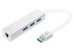 DIGITUS USB 3.0 3 prievadų HUB & Gigabit LAN adapteris 3xUSB A/M, 1xUSB A/F, 1xRJ45 LAN, palaiko Windows ir Mac OS